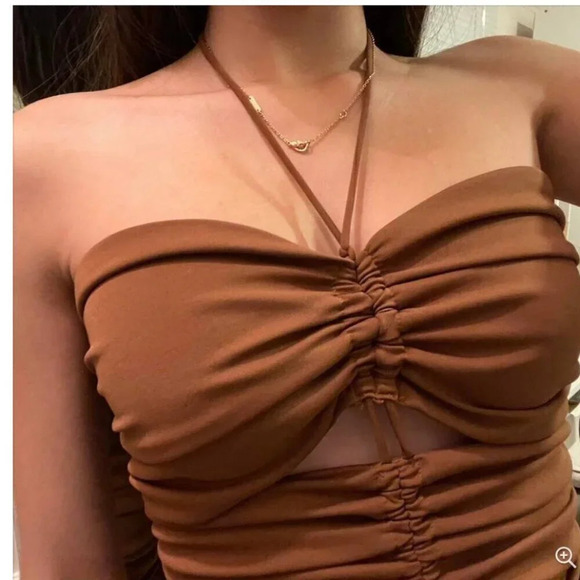 Zara Ruched Cut Out Halter Tie Mini Dress Brown Size Medium - Picture 5 of 11